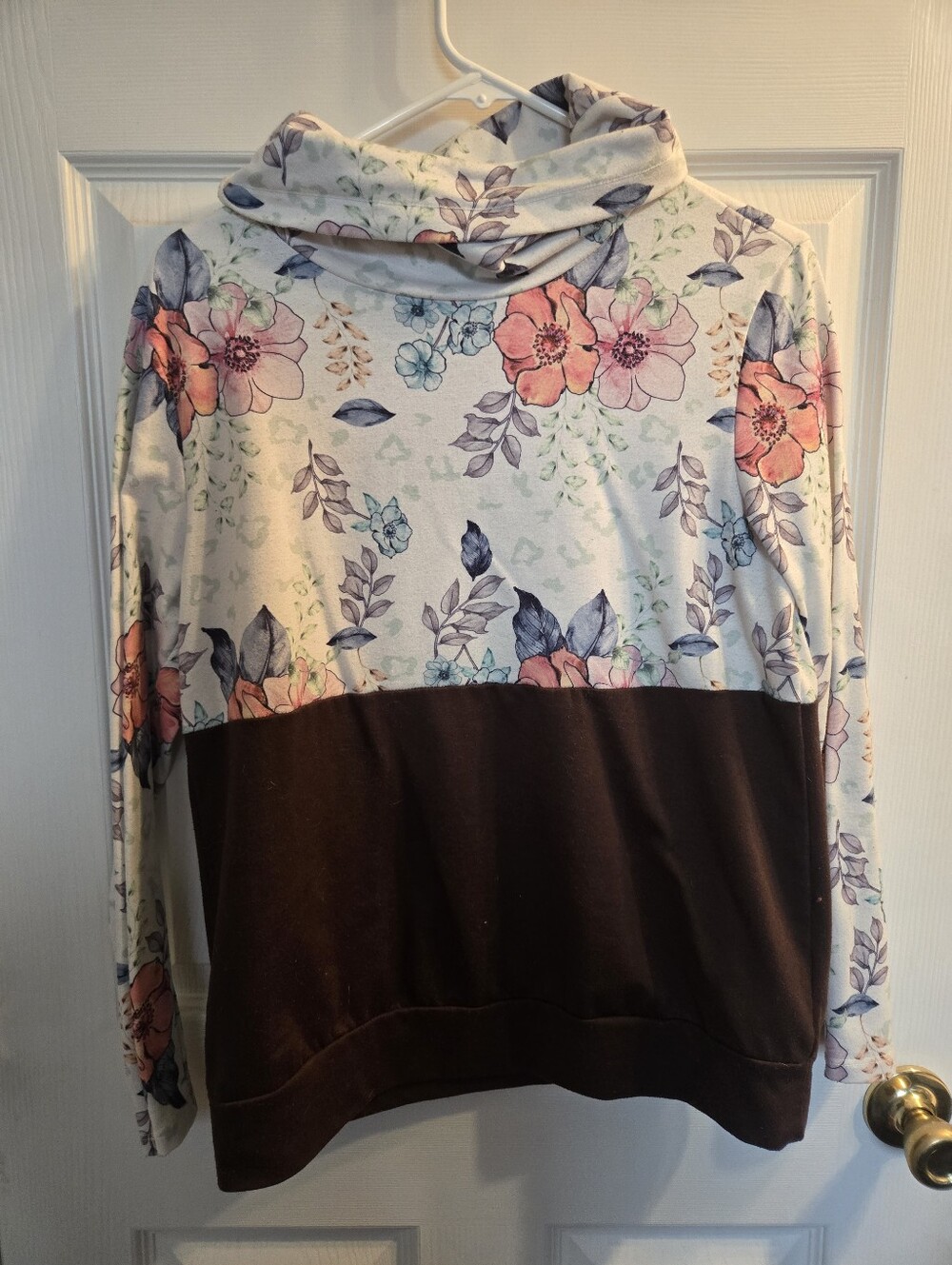 Floral Cowl Neck Pullover Sweater - Pink & Brown